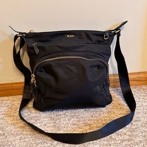 Tumi Black Nylon Zip-Front Crossbody Bag with Gold Hardware